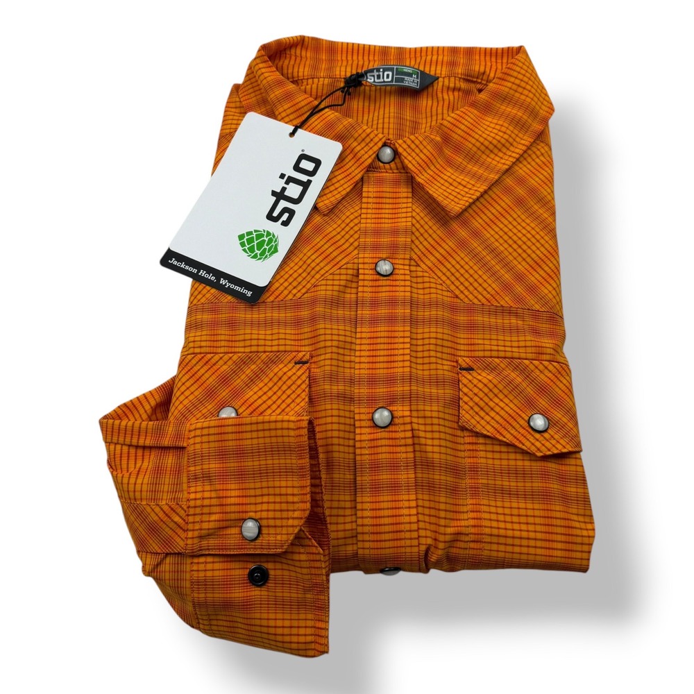 Stio Mens Eddy Shirt Summit Fever Plaid Orange Western Snap Long Sleeve Medium